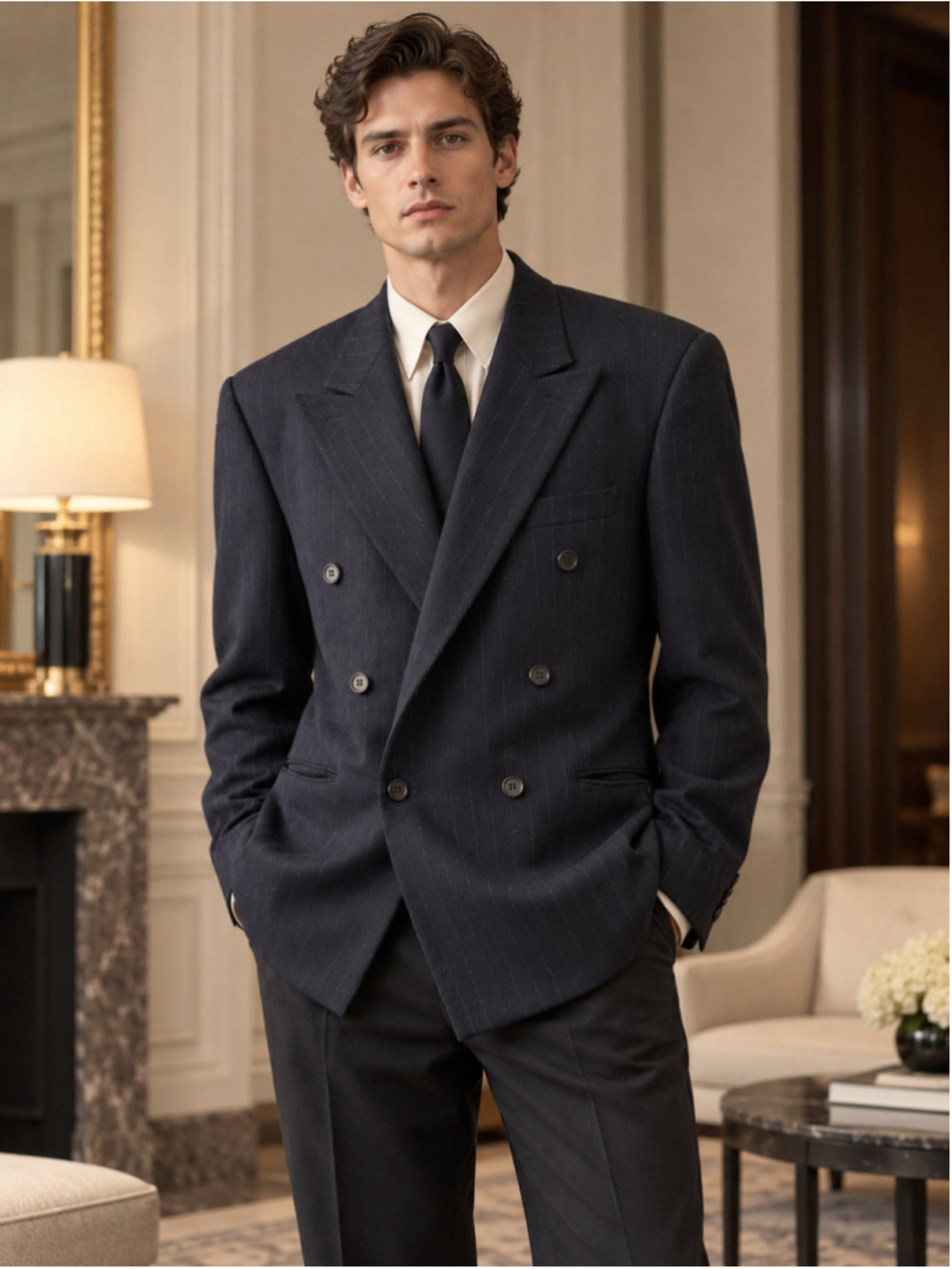MANI Giorgio Armani Blazer Men’s 40R Wool Pinstripe Double Breasted 90s Black